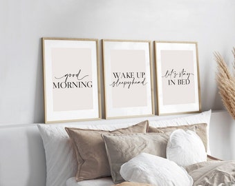 Bedroom Prints, Good Morning Prints, Set of 3, Neutral Bedroom Print, Stay in Bed, Beige Home Prints, Love Print, Above Bed Prints, Wall Art