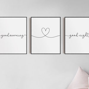 Good Morning Good Night Heart Prints, Set of 3, Bedroom Print, Home Prints, Love Prints, Calligraphy Quote, Nursery, Sleep Prints, Wall Art