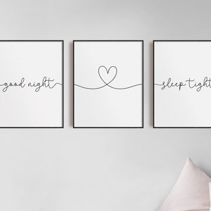 Good Night Sleep Tight Heart Prints, Set of 3, Bedroom Prints, Sleep Print, Home Prints, Neutral Bedroom Print, Love Print, Nursery Wall Art