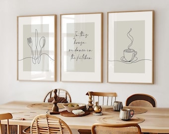 Sage Green Kitchen Prints, Dining Room Prints, Set of 3, Kitchen Wall Art, Dance in the Kitchen, Beige Home Decor, Neutral Home Print, Beige