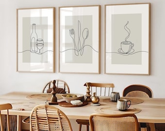 Sage Green Kitchen Prints, Dining Room Prints, Set of 3, Kitchen Wall Art, Coffee Line Art, Beige Home Decor, Neutral Home Print, Wine Print