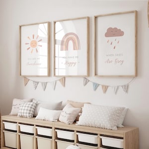 Sun Rainbow Cloud Prints-Set of 3, You Are My Sunshine Print, Baby Girl Print, Nursery Prints, Nursery Wall Art, New Baby, Sleep Print, Gift