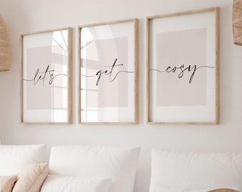 Lets Get Cosy Prints, Set of 3, Bedroom Print, Home Prints, Love Print, Neutral Beige Home Prints, Sleep Prints, Above Bed Prints, Wall Art