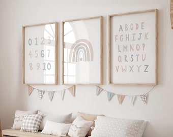 Alphabet non sexiste imprimé arc-en-ciel - lot de 3, imprimé bébé garçon, imprimés chambre d'enfant, art mural chambre d'enfant, chambre d'enfants, impression chiffres, impression ABC