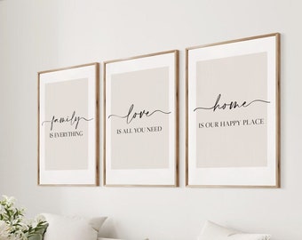 Woonkamerprints, set van 3, prints boven de bank, neutrale slaapkamerprint, familieprint, liefdesprint, beige huisprint, loungeprints, muurkunst