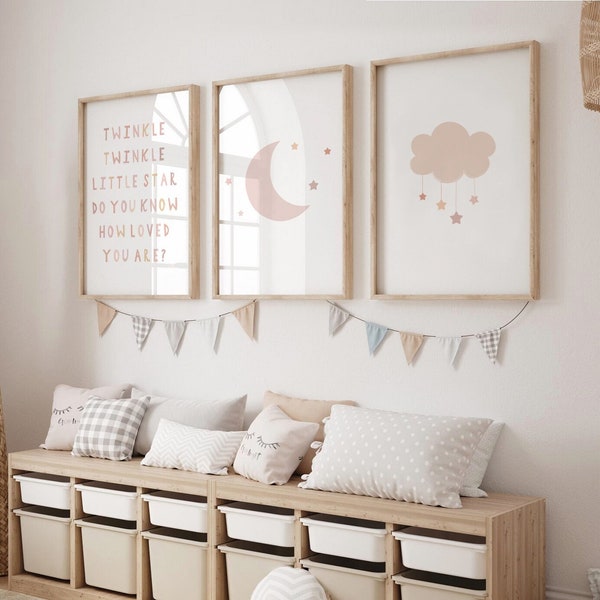 Gender Neutral Twinkle Star Moon Cloud Prints - Set of 3, Loved You Are, Baby Boy Print, Nursery Prints, Nursery Wall Art, Kids Bedroom