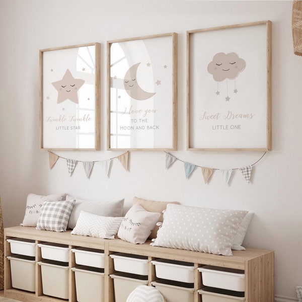 Neutral Moon Stars Cloud Prints - Set of 3, Beige Nursery, Baby Print, Nursery Prints, Nursery Wall Art, Kids Bedroom, Gender Neutral Baby