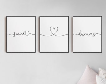 Sweet Dreams Heart Prints, Set of 3, Bedroom Print, Home Prints, Love Prints, Calligraphy Quote, Neutral Nursery, Sleep Prints, Wall Art