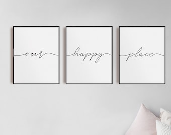 Stampe Our Happy Place, set da 3, stampe da parete per soggiorno, stampe per camera da letto, arredamento moderno per la casa, stampa calligrafica, citazione d'amore, stampa felice, poster