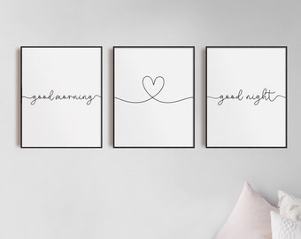 Good Morning Good Night Heart Prints, Set of 3, Bedroom Print, Home Prints, Love Prints, Calligraphy Quote, Nursery, Sleep Prints, Wall Art