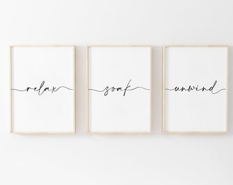 Bathroom Prints, Relax Soak Unwind, Set of 3, Bathroom Wall Art, Neutral Bathroom, Modern Home Decor, Bath Print, Relax Quote, Soak Print