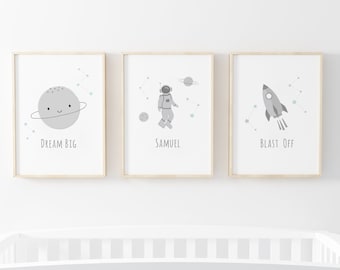 Personalised Space Prints - Set of 3, Boys Bedroom Prints, Baby Boy Print, Nursery Prints, Playroom Decor, Planet, Space Prints Kids, Gift