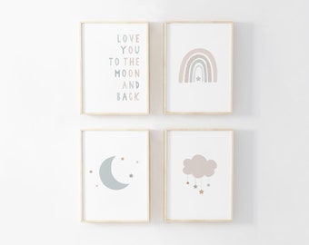 Impressions arc-en-ciel Cloud Moon Stars neutres en matière de genre - Ensemble de 4, Love You to the Moon and Back, Baby Boy Print, Nursery Prints, Nursery Wall Art