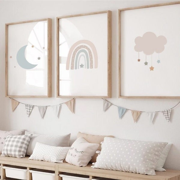 Gender Neutral Rainbow Moon Cloud Prints - Set of 3, Baby Boy Print, Nursery Prints, Nursery Wall Art, New Baby, Kids Bedroom, Sleep, Gift