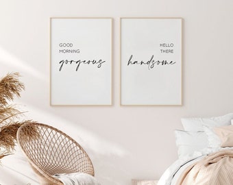 Good Morning Gorgeous Heart Prints, Set of 3, Bedroom Print, Home Print, Love Print, His and Hers Prints, Bed Prints, Sleep Prints, Wall Art