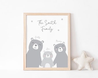 Personalised Baby Bear Family Print, Neutral Baby Prints, Baby Print, Grey Nursery Prints, Personalise Name, Boy, New Baby, Home Print, Gift