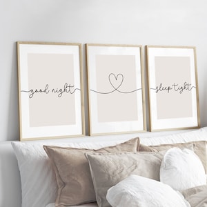 Bedroom Prints, Good Night Prints, Sleep Tight, Set of 3, Neutral Bedroom Print, Beige Home Prints, Love Print, Above Bed Prints, Wall Art