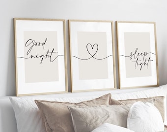 Good Night Sleep Tight Beige Prints, Set of 3, Bedroom Print, Neutral Home Prints, Sleep Prints, Bedroom Wall Art, Sleep Prints, Bed Print