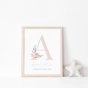 Neutral Initial Floral Print, Personalised Name, Birth Print, Baby Girl, Nursery Print, Girls Bedroom, Girls Name Print, Wall Art, Rose Gold