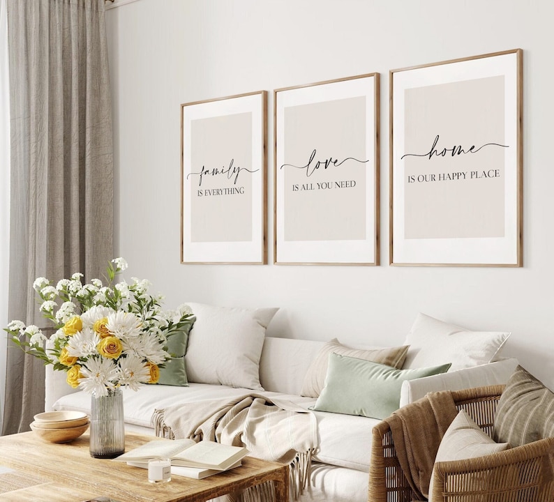 Living Room Prints, Set of 3, Above Sofa Prints, Neutral Bedroom Print, Family Print, Love Print, Beige Home Print, Lounge Prints, Wall Art Neutral Beige