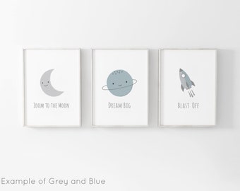 Space Prints - Set of 3, Boys Bedroom Prints, Baby Boy Print, Neutral Nursery Prints, Playroom Prints, Planet, Moon Print, Space Prints Kids