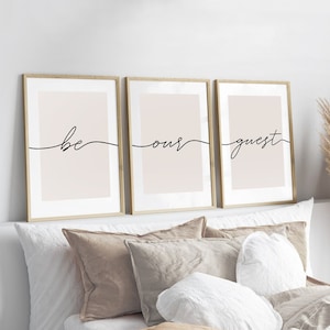 Be Our Guest Prints, Set of 3, Guest Bedroom Wall Art, Bedroom Prints, Modern Home Decor, Calligraphy Print, Neutral Home Print, Beige Home