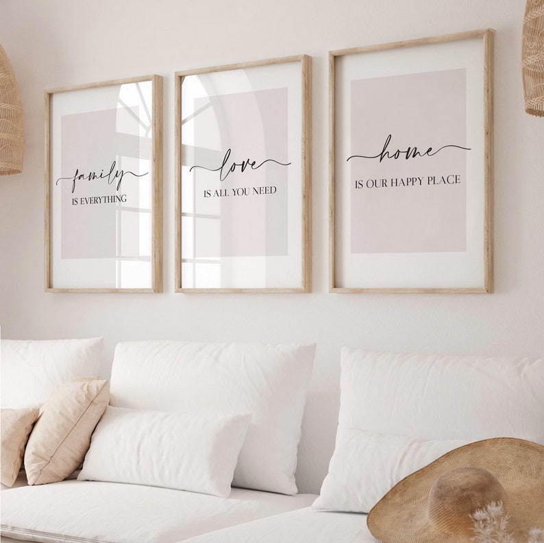 Living Room Prints, Set of 3, Above Sofa Prints, Neutral Bedroom Print, Family Print, Love Print, Beige Home Print, Lounge Prints, Wall Art Blush Pink