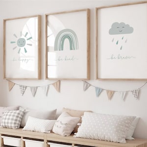 Gender Neutral Rainbow Sun Cloud Prints - Set of 3, Baby Boy Print, Nursery Prints, Nursery Wall Art, New Baby, Kids Bedroom, Sage Green