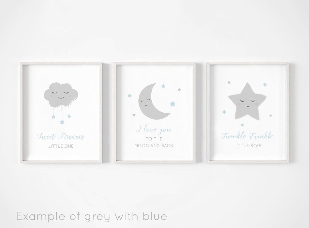 Moon Stars Cloud Prints - Set of 3, Baby Boy Print, Nursery Prints ...