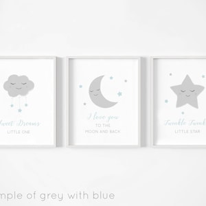 Moon Stars Cloud Prints - Set of 3, Baby Boy Print, Nursery Prints, Nursery Wall Art, New Baby, Grey Blue Bedroom, Sleep, Gift, Sizes A3 A4