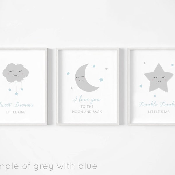 Láminas de Luna, Estrellas y Nubes - Juego de 3, Lámina para Bebé Niño, Láminas para Habitación Infantil, Arte de Pared para Habitación Infantil, Recién Nacido, Dormitorio Gris Azulado, Decoración Neutra para Habitación Infantil
