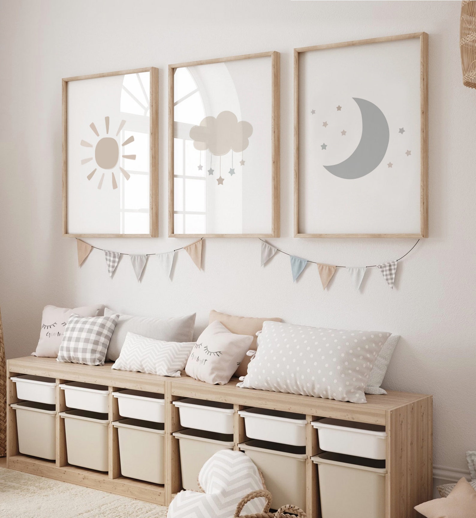 Gender Neutral Cloud Moon Sun Prints - Set of 3, Baby Girl Print, Beige ...