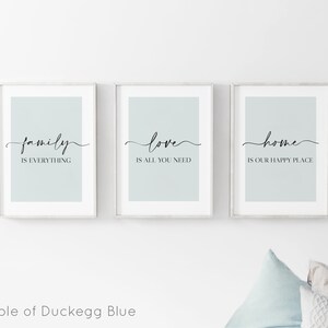 Living Room Prints, Set of 3, Above Sofa Prints, Neutral Bedroom Print, Family Print, Love Print, Beige Home Print, Lounge Prints, Wall Art Duckegg Blue