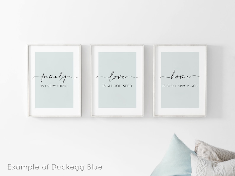 Living Room Prints, Set of 3, Above Sofa Prints, Neutral Bedroom Print, Family Print, Love Print, Beige Home Print, Lounge Prints, Wall Art Duckegg Blue