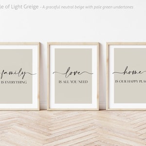 Living Room Prints, Set of 3, Above Sofa Prints, Neutral Bedroom Print, Family Print, Love Print, Beige Home Print, Lounge Prints, Wall Art Light Greige