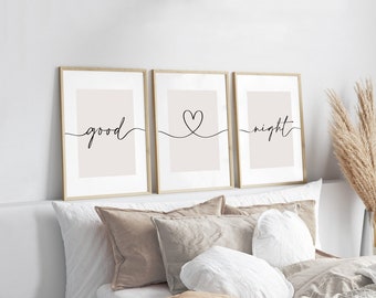 Bedroom Prints, Good Night Prints, Set of 3, Neutral Bedroom Print, Beige Home Prints, Love Print, Above Bed Prints, Wall Art, Sleep Prints
