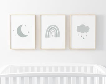 Neutral Rainbow Moon Cloud Prints - Set of 3, Baby Boy Print, Nursery Prints, Nursery Wall Art, New Baby, Kids Bedroom, Sage Green Nursery