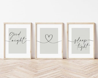 Good Night Sleep Tight Beige Prints, Set of 3, Bedroom Print, Neutral Home Prints, Sleep Prints, Bedroom Wall Art, Sleep Prints, Sage Green