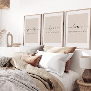 Living Room Prints, Set of 3, Above Sofa Prints, Neutral Bedroom Print, Family Print, Love Print, Beige Home Print, Lounge Prints, Wall Art Warm Sand