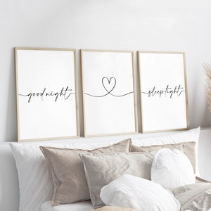 Good Night Sleep Tight Heart Prints, Set of 3, Bedroom Print, Home Prints, Love Prints, Above Bed Prints, Nursery, Sleep Prints, Wall Art