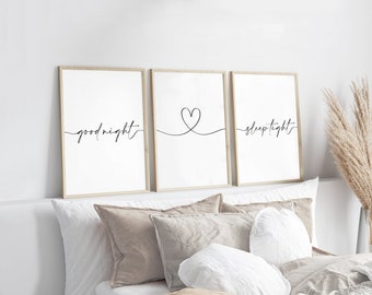 Good Night Sleep Tight Heart Prints, Set of 3, Bedroom Print, Home Prints, Love Prints, Above Bed Prints, Nursery, Sleep Prints, Wall Art