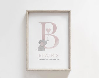 Personalised Name Pink Grey Elephant Print, Baby Boy, Nursery Prints, Girls Bedroom, Christening Gift, Gender Neutral Nursery, Wall Art