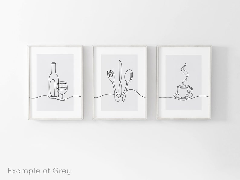 May include: Three framed prints with minimalist line drawings of a wine bottle and glass, a fork, knife, and spoon, and a steaming cup of coffee. The prints are on a white background.