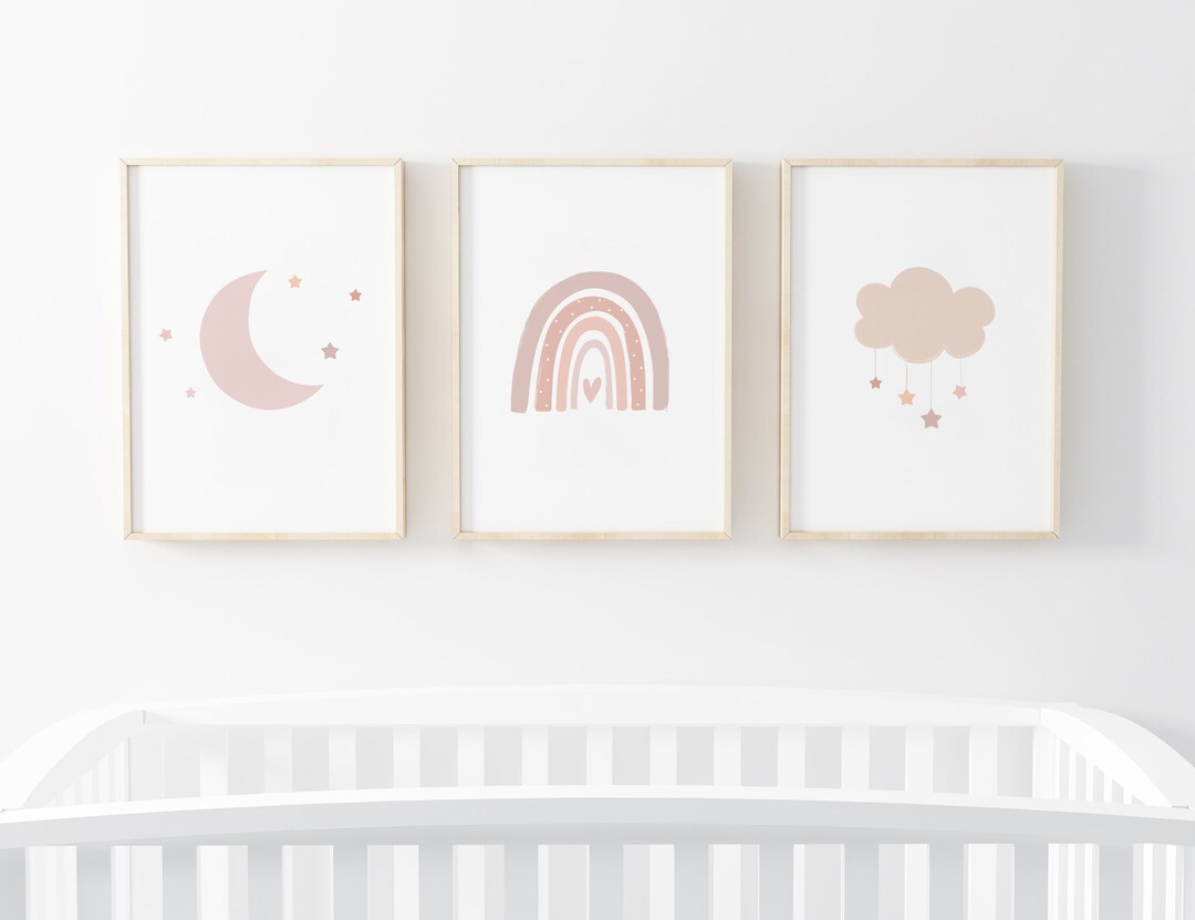 Neutral Rainbow Moon Cloud Prints - Set of 3, Baby Girl Print, Nursery ...