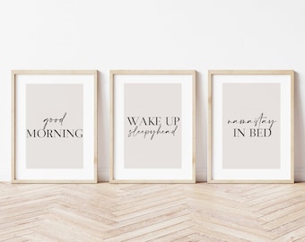 Neutral Bedroom Prints, Good Morning Prints, Set of 3, Bedroom Prints, Beige Home Prints, Love Print, Above Bed Prints, Wall Art