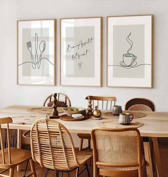 Sage Green Kitchen Prints, Dining Room Prints, Set of 3, Kitchen Wall Art, Line Art, Beige Home Decor, Neutral Print, Bon Appetit Lets Eat