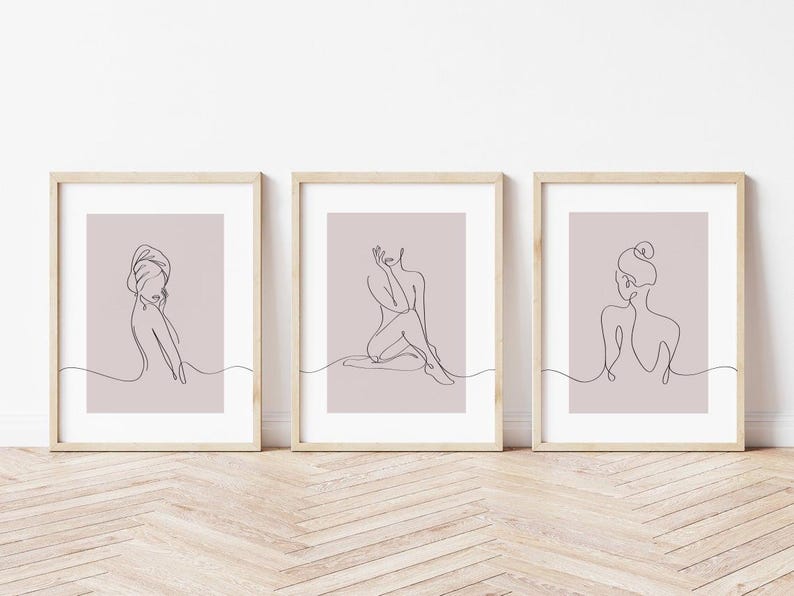Bathroom Prints, Woman Line Art, Set of 3, Bathroom Wall Art, Neutral Wall Prints, Female Body Print, Beige Neutral Home, Modern Home Decor Dusty Rose