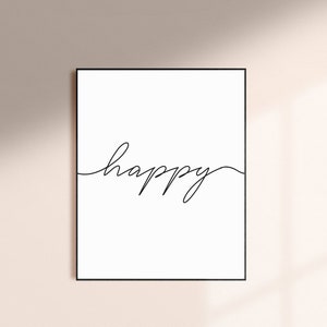 May include: A black framed print with the word "happy" written in a single continuous line in black ink on a white background.