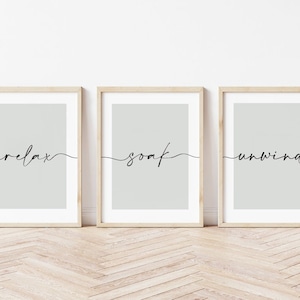 Bathroom Prints, Relax Soak Unwind, Set of 3, Bathroom Wall Art, Neutral Wall Prints, Bath Print, Neutral Home, Sage Green, Beige Home Decor
