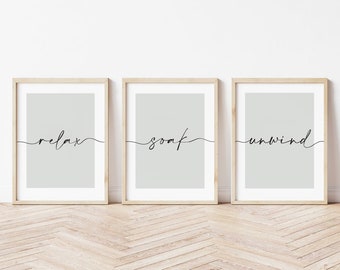 Bathroom Prints, Relax Soak Unwind, Set of 3, Bathroom Wall Art, Neutral Wall Prints, Bath Print, Neutral Home, Sage Green, Beige Home Decor